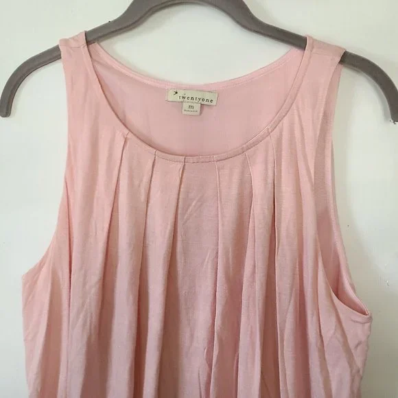 Twenty One Womens Pleated Blouson Jersey Tank Top Round Neck Sz Medium Pink EUC - Picture 3 of 5
